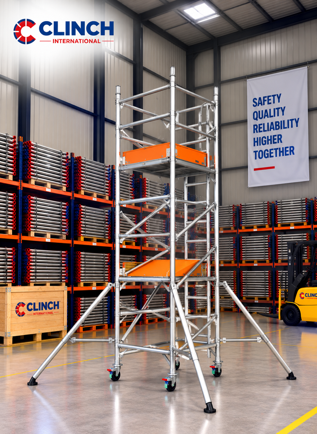 6.2m (20'4") Working Height – Clinch Tower 850, 1.8m (5'11") Long, Clinch Industrial Scaffold Tower 6.2m (20'4") Working Height – Clinch Tower 850, 1.8m (5'11") Long, Clinch Industrial Scaffold Tower